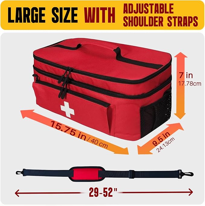 2-Layer First Aid Bag Empty 15¾”x 9½”x7” Medical Bag Red Pill Bottle Box Portable Emergency Bag for Outdoor Travel & Home Use, Medicine Kit Organizer Case with Shoulder Strap (Large)