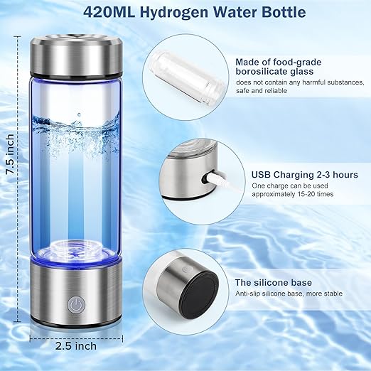 New Hydrogen Water Bottles, Portable Hydrogenated Water Bottle with SPE PEM Technology, 420ml Hydrogen Water Bottle Generator, Rechargeable Ionizer Machine for Office, Home, Travel