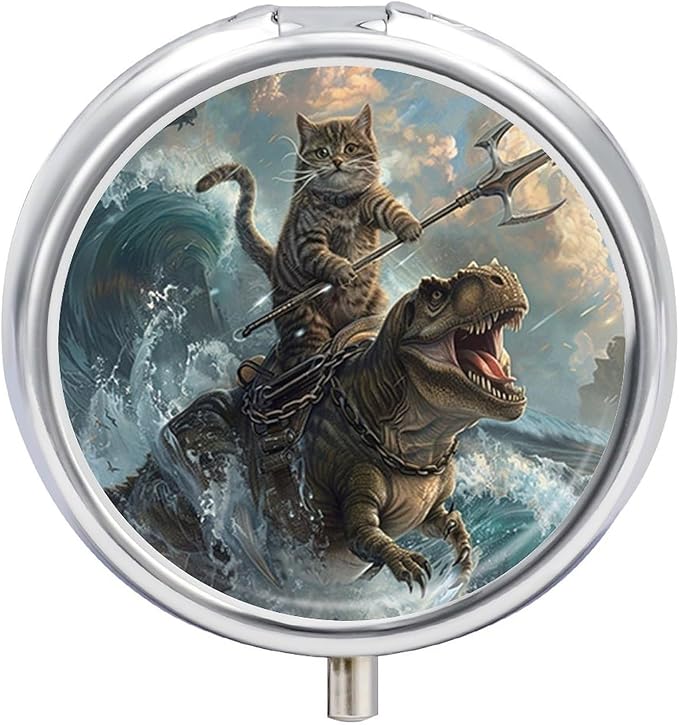 Pill Box-3 Compartment Small Pill Case, Portable Round Pill Box for Pocket or Purse, Decorative Metal Medicine Vitamin Organizer. (The Fighting Cat)