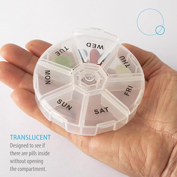 Deke Home - Round Portable Pill Box (2 Pack), Medicine Planner, Small 7 Day Weekly Travel Container, Medication, Vitamin Holder, Pillbox Organizer, Pill Dispenser, Daily Sorter & Reminder, BPA Free