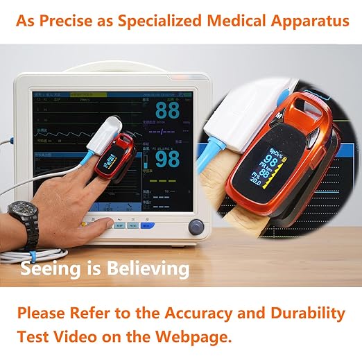 Fingertip Pulse Oximeter with Plethysmograph and Perfusion Index, include carrying case, Large OLED Digital Display Blood Oxygen Saturation Monitor Heart Rate Monitor (Color: Red-Orange)