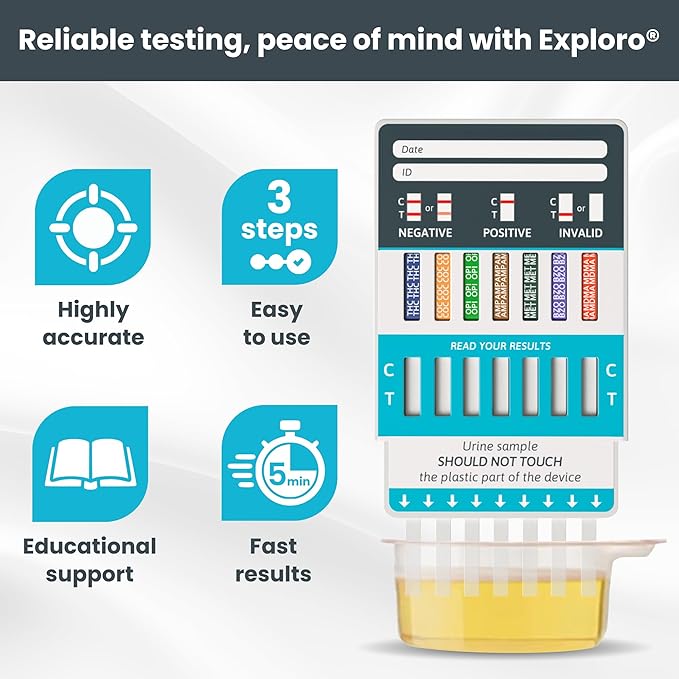 Exploro Home Drug Test Kit for all Drugs, 7-Panel Urine Drug Test for Marijuana, Cocaine, Opiates, Amphetamine, Methamphetamine, Benzos, Ecstasy, Drug testing kit DipCards for 7 Drug Test (Pack of 15)