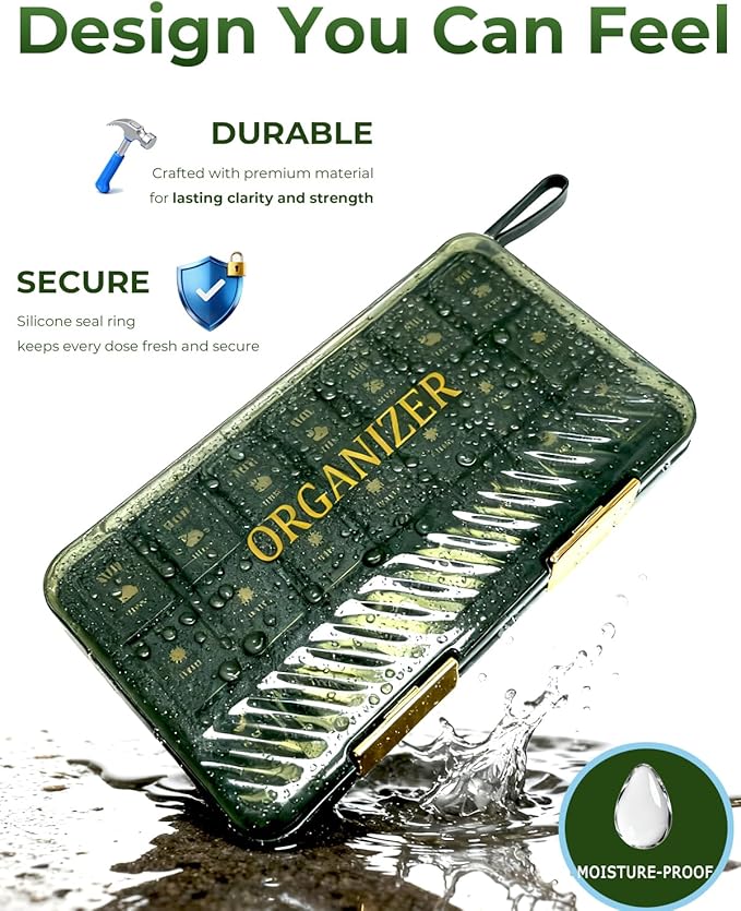 Weekly Medicine Pill Organizer 3X a Day, 7 Day 3 Times a Day Travel Pill Case for Purse, Cute Pill Box for Vitamins, Fish Oils, Supplements (Green)