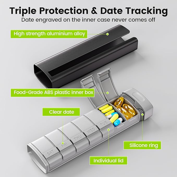 Daviky Travel Pill Organizer - Premium Aluminum 7 Day Weekly Pill Organizer, Daily Pill Case Spill Prevention, Stylish Pill Holder 7 Day Capacity for Medicine, Supplements and Vitamins (Black)