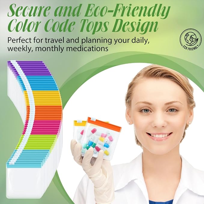 Sherr 56 Pcs Zippered Pill Pouch Bags Pill Pocket Reusable Clear Plastic Pills Bags Translucent Travel Medicine Organizer Travel Storage Pouches with Slide Lock for Pills Small Items(Candy Color)