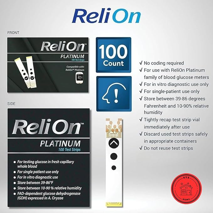 Platinum Blood Glucose Test Strips | Blood Glucose Test Strip | Blood Sugar Test Strips | Platinum Test Strips 100 Count + STS Sticker.