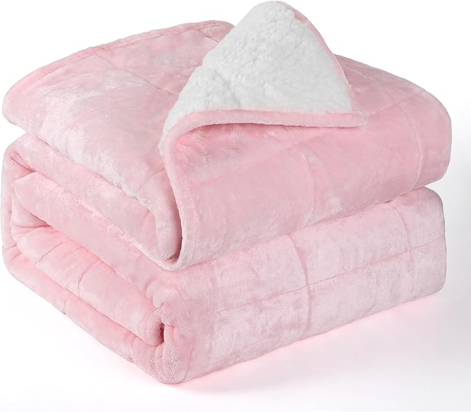 Alomidds Weighted Blanket Queen Size 15lbs 60x80 inches, Sherpa Weighted Blankets for Adults,Fluffy Warm Sherpa & Cozy Soft Flannel Thick Heavy Blanket for All-Season with Glass Beads, Pink