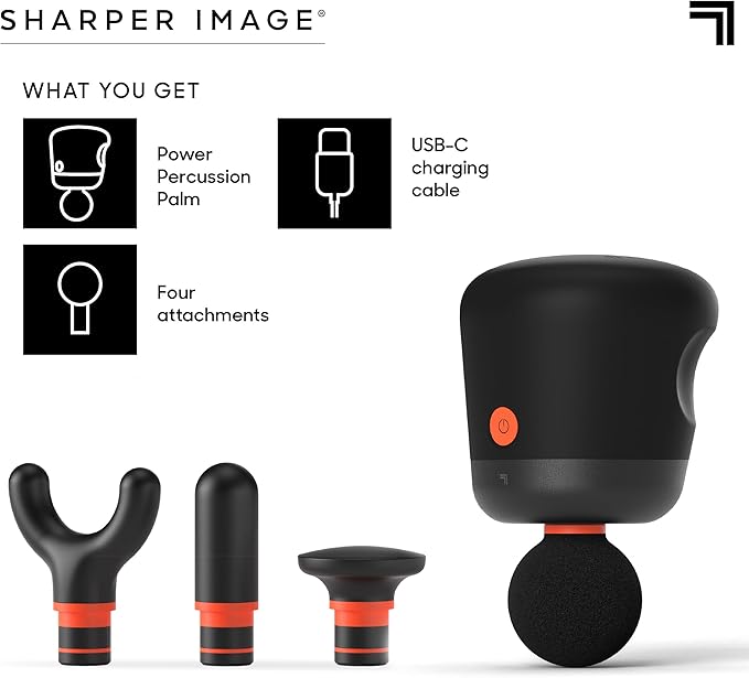 Sharper Image Mini Massage Gun, Powerboost Palm Rechargeable Deep Tissue Percussion Handheld Massager, 4 Adjustable Speeds, 4 Attachment Heads, Full Body Muscle Pain Relief Gift, Black