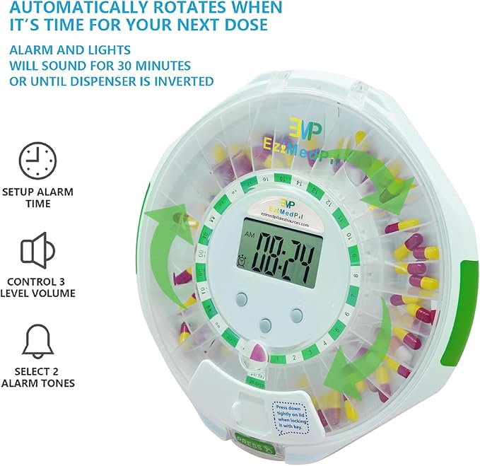 EziMedPil Automatic Pill Dispenser w/Visual &Audio Alerts, up to 6 Alarms/Day, 9 Dosage Templates, Easy-Read LCD Display, Lock Medication Dispenser w/Key for Vitamins, Prescriptions & More, Clear Lid