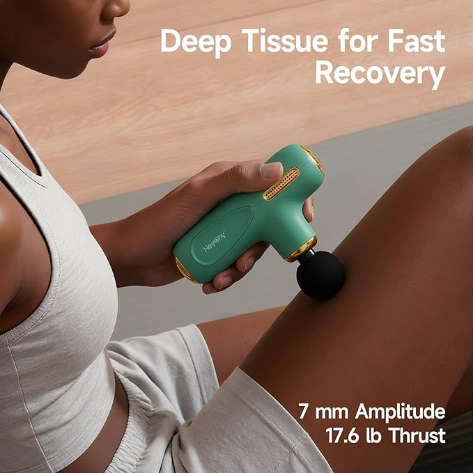 Super Mini Massage Gun Deep Tissue, Handheld Muscle Massager with 4 Heads, Quiet Percussion Travel Size Massager for Back Pain Relief, Home, Gym & Office, Green