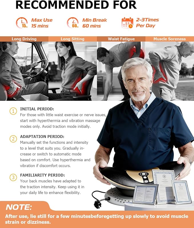 Lumbar Traction Device, Electric Lower Back Stretcher Device with Dynamic Airbag, 3 Level Vibration Massage, Adjustable Temperature from 113 to 131℉ (45 to 55℃), Easy to Use