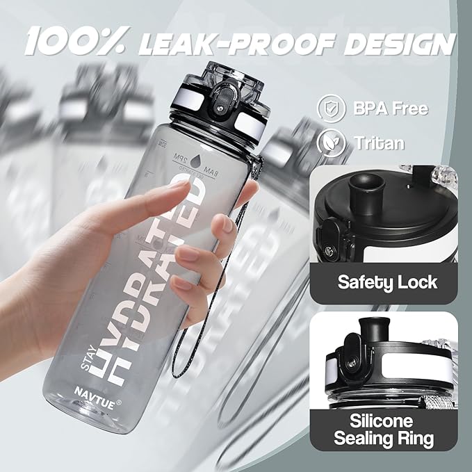 Water Bottle, 32 oz Sports Water Bottles with Time Marker Wide Mouth, Motivational and Leakproof Drink Bottle, BPA Free Tritan with Carry Strap for Gym Fitness Outdoor(1 Bottle)