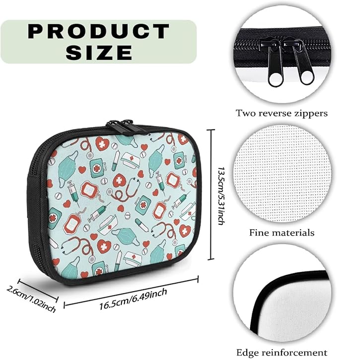 Medical Heart Print Travel Medicine Case Compact Travel Pill Organizer Box with Zipper Weekly Vitamin Storage Bag Mini Supplement Holder
