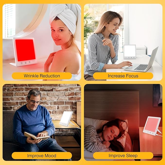 GQP Light Therapy Lamp with Red & White Light - 10000 Lux LED Sun Light Therapy Lamp for Face, Improving Mood, Energy, Sleep & Skin Care, with 4 Light Modes & 5 Brightness Levels, Timer, UV-Free
