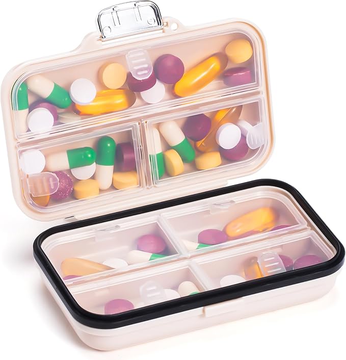 Daviky Travel Pill Organizer,Large 7-Compartment Pill Box for Vitamins & Medications, Compact Medicine Case for Pocket or Purse(White)