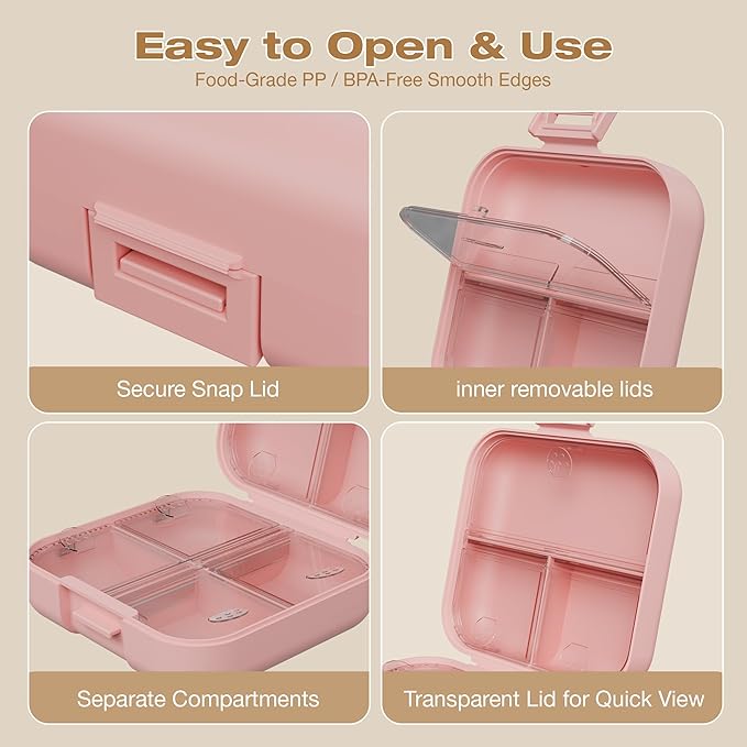 Small Travel Pill Box, Double Layer 7-Compartments Pill Organizer, 3.1" x 3.1" x 1.4" Portable Weekly Pill Case Container for Pocket, 7 Day Compact Medicine Holder for Vitamins, Fish Oils Pink