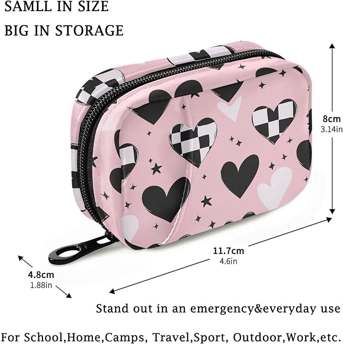 Fustylead Black and White Hearts on Pink Travel Pill Organizer Bag with Zipper Small Pill Box 7 Day Pill Case for Purse Storage Weekly Vitamin Medicine Supplement