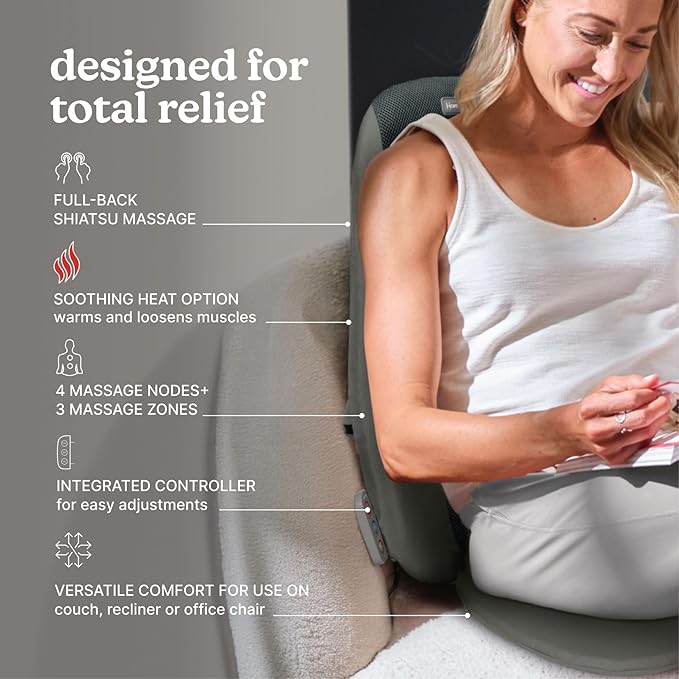 Homedics Shiatsu Massage Cushion with Heat, Pain Relief for Back Muscle Tension, Deep-Kneading Therapy Works Out Knots & Stiffness, 3 Massage Zones, Fits Most Chairs, for Home or Office