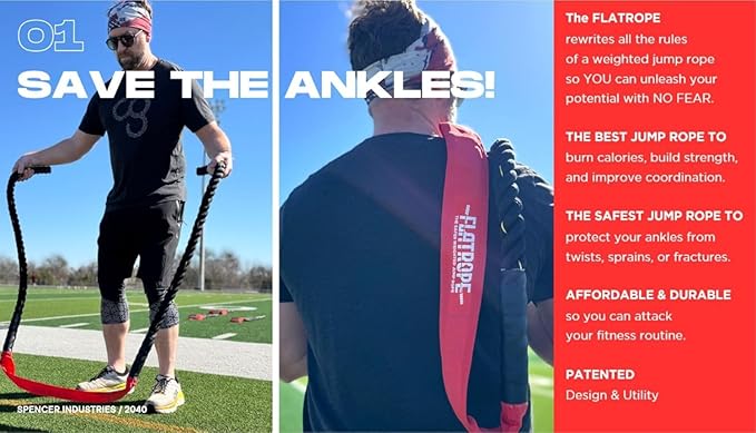 Patented FLATROPE 5lb Weighted Jump Rope, Heavy Flat-Mesh Design to Reduce Ankle Injury, Adjustable Strength-Training Rope for Muscle Building, Conditioning & HIIT, Home Gym Fitness Equipment for CrossFit, HYROX, Spartan, DEKA Athletes