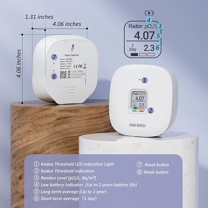 INKBIRD Radon Detector for Home, Ink-RD3 Portable Radon Tester for Home with Long & Short Term Monitoring, E-Ink Display & 2-Year Battery, Alpha Spectrometer Sensor, PCi/L & Bq/m³ Units Switchable