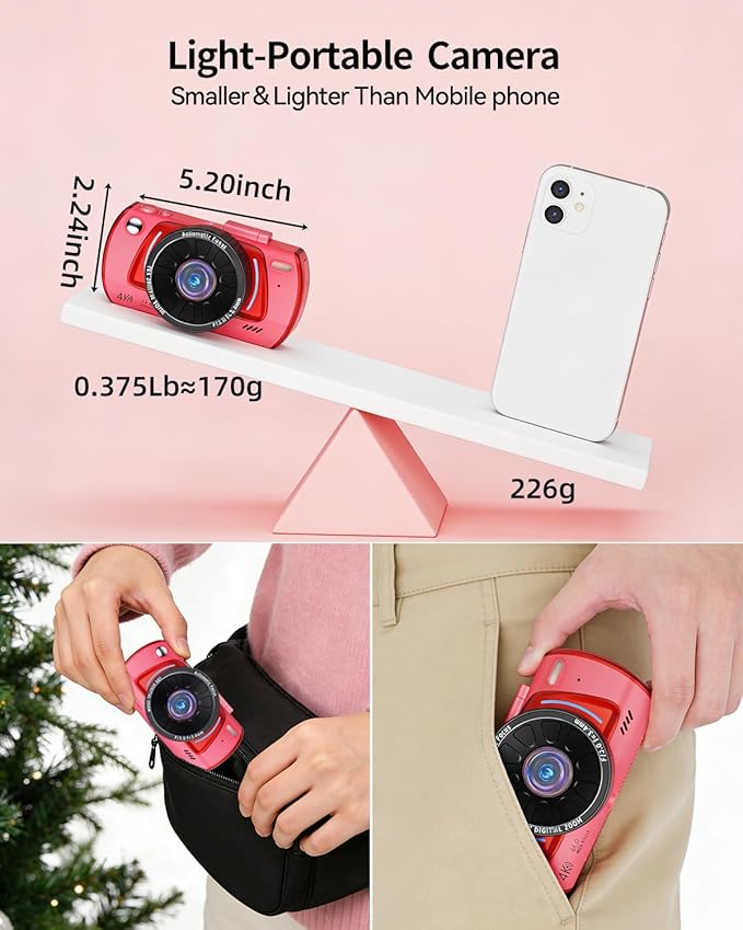 4K Digital Camera for Photography Autofocus,64MP WiFi Vlogging Camera with 3” 180° Flip Screen for YouTube,18X Zoom Travel Camera for Beginners,32GB Card & Rechargeable Battery (Pink)
