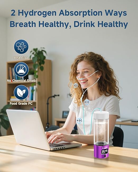 Hydrogen Water Bottle - Portable Rechargeable Water Bottle with LED Timer, Aluminum and Glass, 5000 PPB Hydrogen Production, Gift for Husband Wife Father Friend Client (Purple, 11.6Oz)