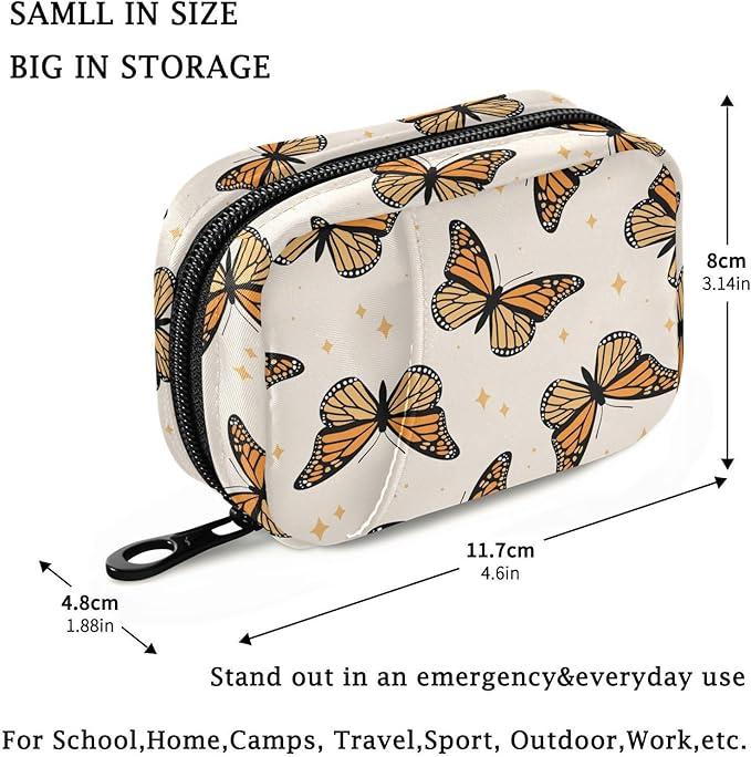 Fustylead Beautiful Monarch Butterflies and Glitter Stars Travel Pill Case Bag with Zipper Weekly Pill Box 8 Compartments 7 Day Personal Pill Case Purse Medicine Case Organizer