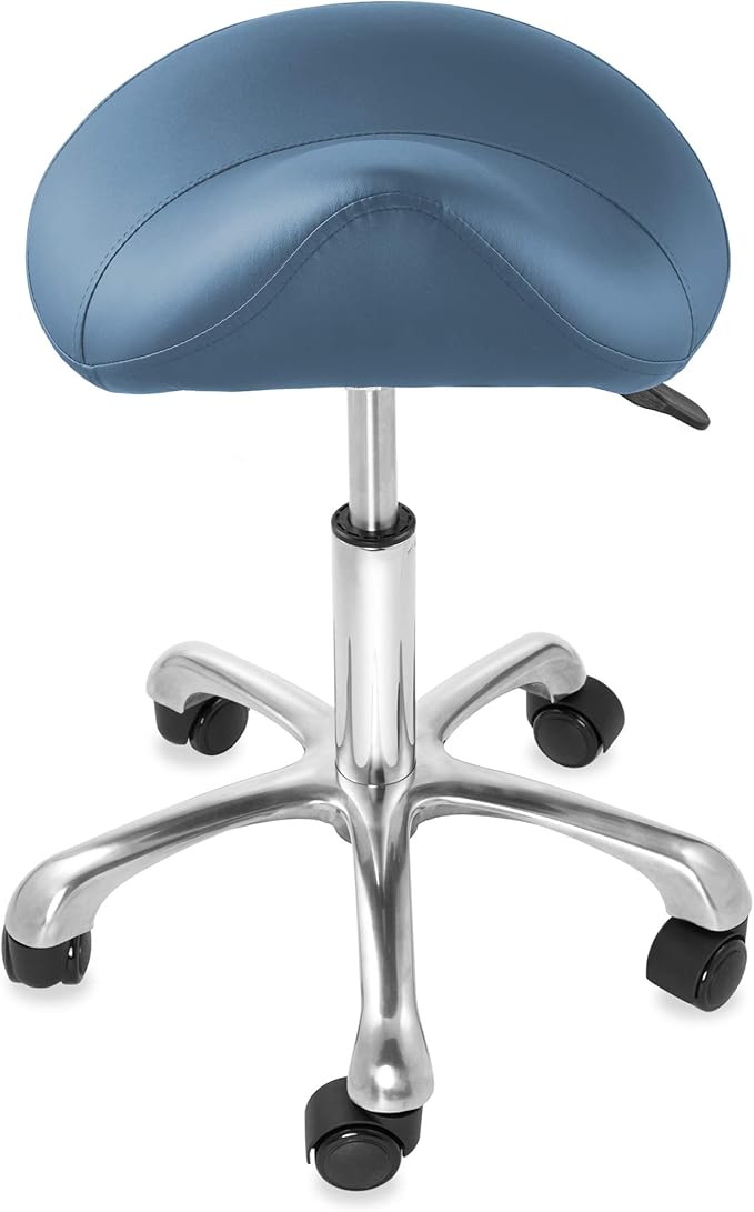 Saloniture Professional Ergonomic Saddle Stool, Blue - Adjustable Hydraulic Seat, Rolling Spa Salon, Massage, and Medical Office Chair with Swivel Wheels