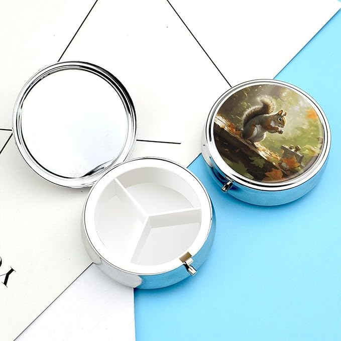 Squirrel Eats Nuts Pill Box Travel Pill Case for Purse Pocket Weekly Medicine Organizer with Mirror 3 Compartment Round Medicine Case Portable PillcaseHolder for Daily
