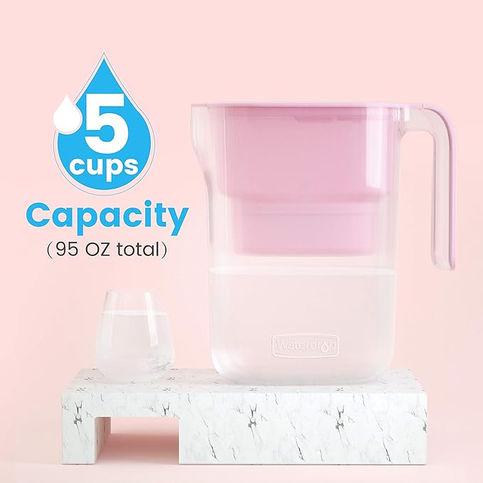 Waterdrop Water Filter Pitcher with 4 Filters, 5X Times Lifetime, Lasts 800 Gallon, for Fridge and Kitchen, Reduces PFOA/PFOS, Chlorine, 7-Cup Capacity, Elfin, Pink