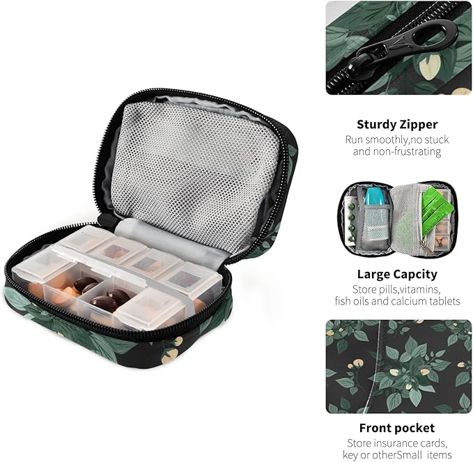 Flowers and Leaves Pill Box 7 Day Pill Case Travel Pill Organizer Bag with Zipper Portable Weekly Case Compact Size for Vitamin Supplement Holder