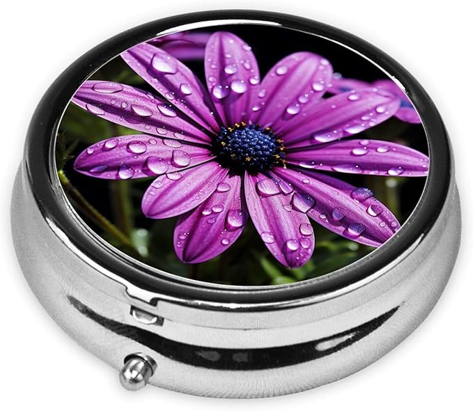 Purple Daisy Print Pill Box 3 Compartment Small Pill Case Portable Pill Box for Pocket Or Purse Cute Medicine Organizer Holder to Hold Vitamins Medication