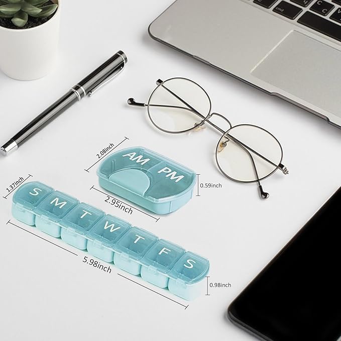 2 Pack (Weekly & Daily), 2 Times a Day (AM/PM) + 7-Day Pill Organizer, Vitamin Planner, Large Capacity Pill Box Set, Travel Pill Case for Medication/Vitamins/Fish Oils/Supplements, Blue