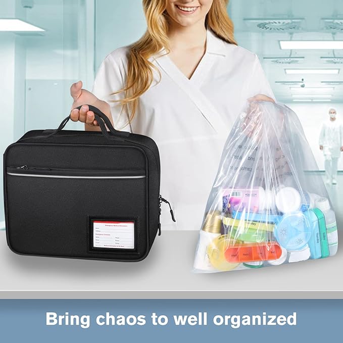 SITHON Pill Bottle Organizer Medicine Storage Bag Medication Travel Carrying Case Manager with Handle, Fixed Pockets for Medications, Vitamins, Medical Supplies, Black