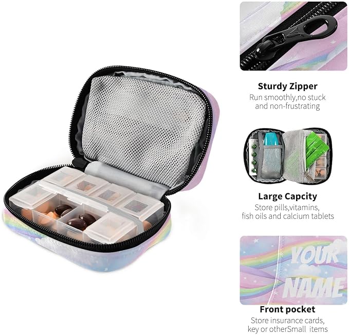 Portable Rainbow Sky Pill Case Travel Pill Organizer Zipper Pill Box to Hold Vitamins Large Capacity Medicine Bag, Travel Pill Box Pouch with Customized Name
