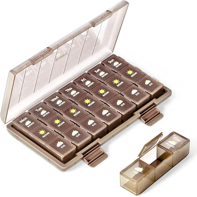 Pill Organizer 3 Times a Day, Daily Pill Box with Morning Noon Night Compartments, Portable Medicine Organizer for Travel, Work & Home (Brown)