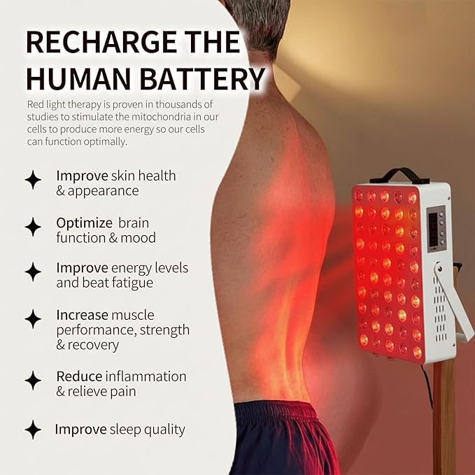 Red Light Therapy for Body, 660nm 850nm Near Infrared Light Therapy Panel with Stand and Handle, 60 Dual Chip LEDs, Ideal Xmas Gift, for Body, Face, Recovery, Sleep, Skin Health, White