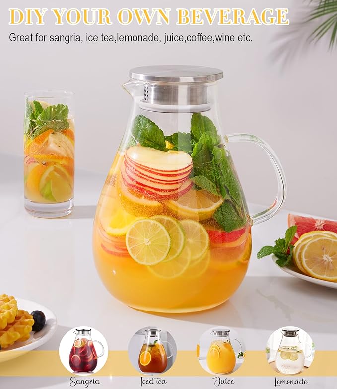 Glass Pitcher, 86oz Glass Water Pitcher with Lid and Handle, Large Borosilicate Hot/Cold Water Jug for Iced Tea, Sangria and Juice Beverage