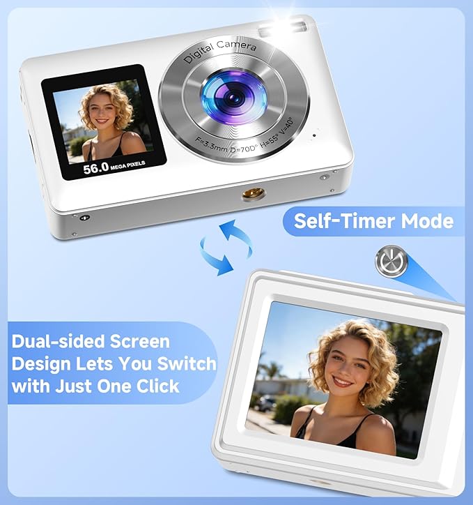 Compact Camera,56MP Dual-Screen Digital Camera for Teens with Auto Focus,Smile Capture,Anti-Shake,16X Zoom,32GB SD Card Camera Digital Gift for Boys Girls Teens