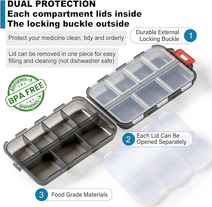 14 GRIDS Travel Pill Organizer Box with Labels - Travel Medicine Case Kit - Pocket Daily Pharmacy Container - Travel Medication Holder Dispenser for Fish Oil Vitamin Supplement Storage - Clear Gray