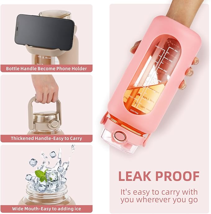 Glass Water Bottle with Straw and Handle Lid Half Gallon Motivational Glass Bottle with Silicone Sleeve and Time Marker Large Reusable Sports Water Jug for Gym Home Workout