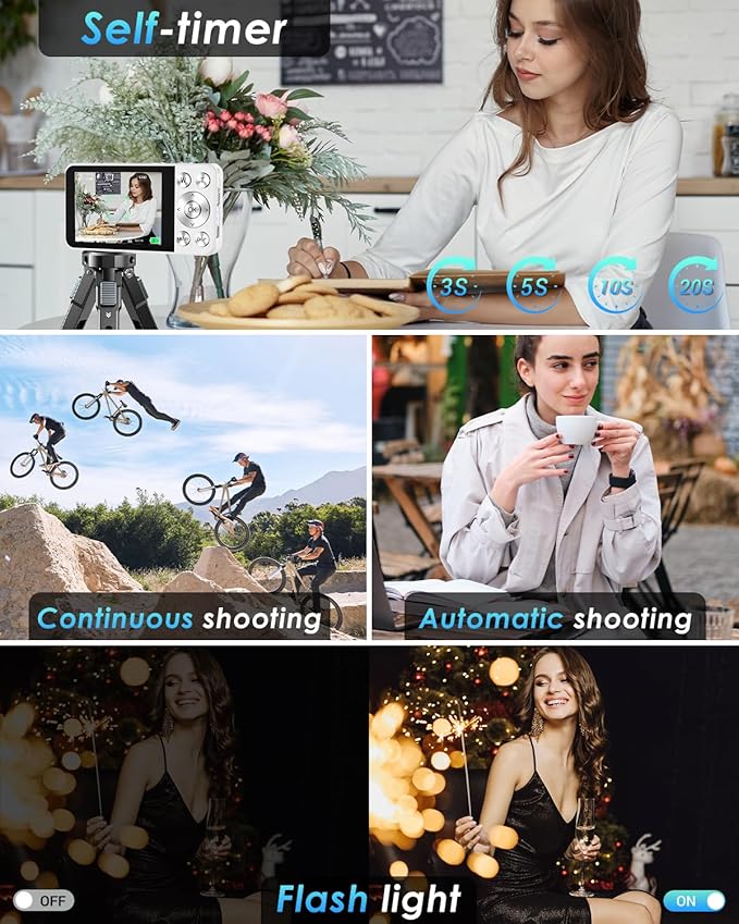 4K Digital Camera, Wevoor 64MP Point and Shoot Digital Camera with Autofocus, 18X Zoom, 20 Filters, 64GB SD Card, 2000 mAh Battery, 2.8" Screen Compact Vlogging Camera for Beginners Teens Adult(White)