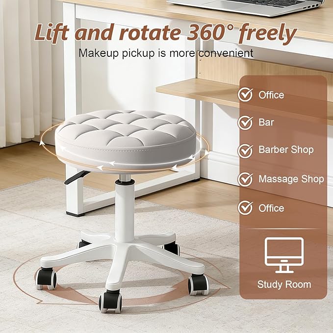Small Rolling Stool with Wheels, PU Leather Height Adjustable Vanity Work Task Stool, 360 Swivel, Padded Seat Cushion,for Salon, Home, Office