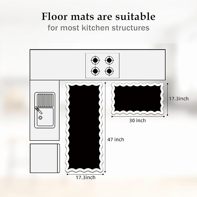 Scalloped Black White Kitchen Mats Rugs Sets of 2 Cushioned Anti Fatigue Floor Mat Waterproof Kitchen Rugs Non Slip Foam Comfort Standing Mat for Sink Laundry