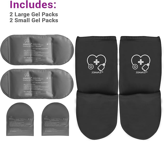 ZOMAPLE Cold Therapy Socks + Gel Packs, Black, Medium – Soothe Burning Feet & Reduce Swelling – Hot or Cold Use, Touch Fasteners & Comes with 2 Large & 2 Small Gel Packs – Versatile Foot Ice Pack Wrap