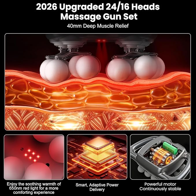 24 & 16 Head Massage Gun Deep Tissue, Body Massage for Back, Shoulders, Neck, Legs, Foot, Massage Gun deep Tissue, Percussion Massager with 9 Modes & 30 Levels Body Muscle Pain Relief