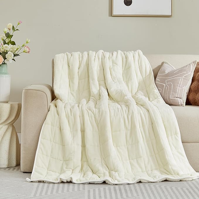 Sherpa Fleece Adult Weighted Blanket, 15 Pounds Dual Sided Soft Plush Blanket for Couch Bed Sofa, Heavy Thick Blankets with Glass Beads Great for Sleep, 60 x 80 inches, Cream White on Both Sides