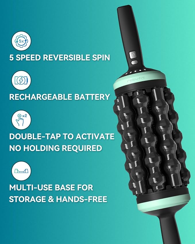 Electric Rolling Percussive Massager, Back Leg Foot Psoas Muscle Roller Massage Tool with Hands-Free Base, Deep Tissue and Muscle Recovery Rechargeable Roller Stick for Whole Body Relief