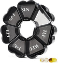 MOLN HYMY Large Pill Organizer 7 Day, Pretty Weekly Pill Box Case, Girly Medicine Dispenser Container for Vitamin, Gummy, Medication, Supplement (Black)