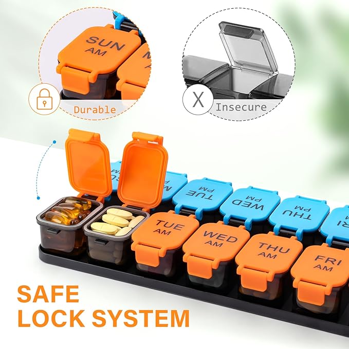 Large 7 Day Pill Organizer, XL AM PM Twice a Day Medicine Storage Box, Big 2 Week Pill Holder for Pills, Vitamins & Supplements, Travel Pill Case for Medication (Blue+Orange)